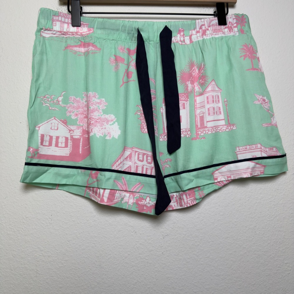Katie Kime Women 100% Cotton Pajama Shorts Medium Green Charleston Toile Tie